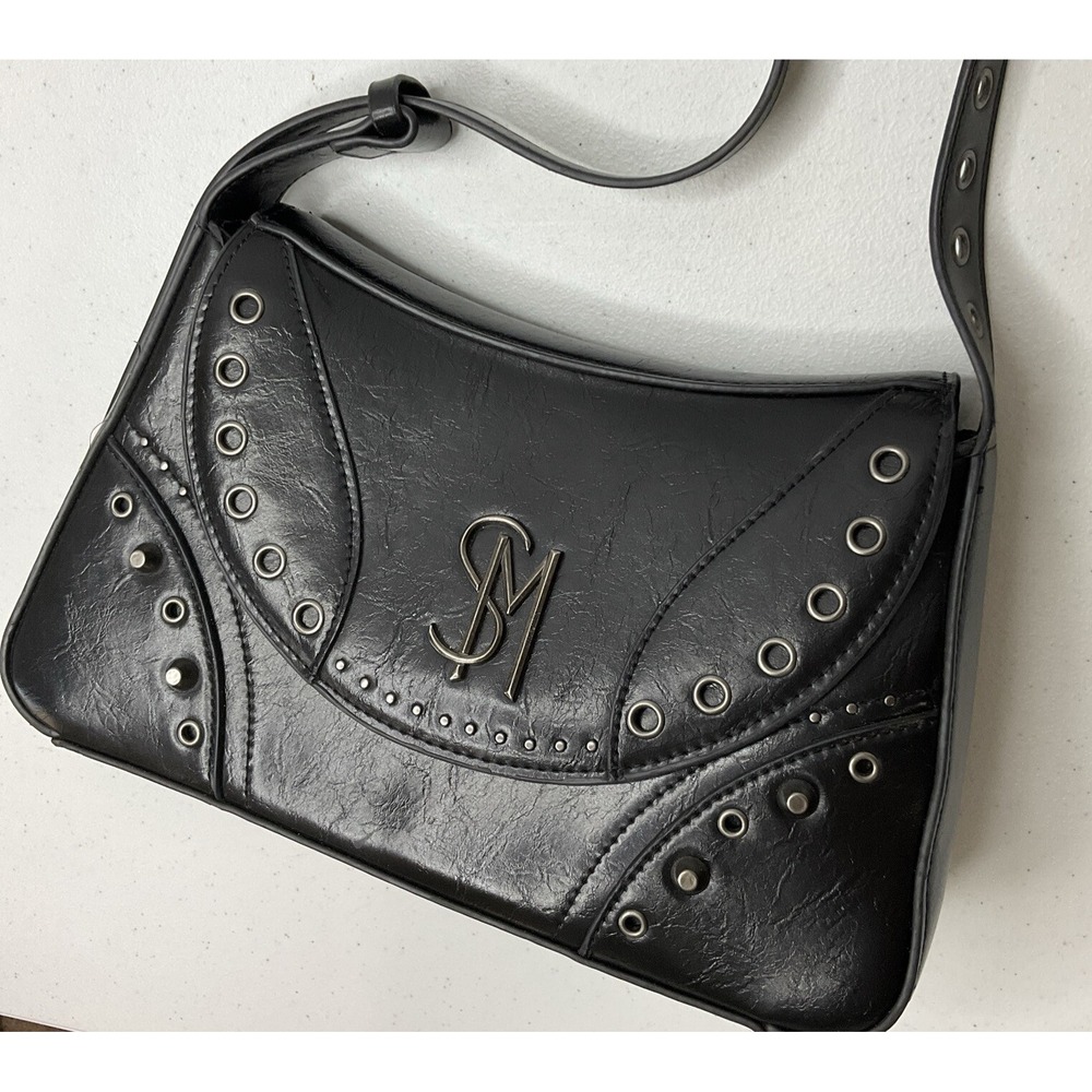 Steve Madden BMargy Shoulder Bag Purse Black Faux Leather Studded Y2K SM Logo - Picture 1 of 9